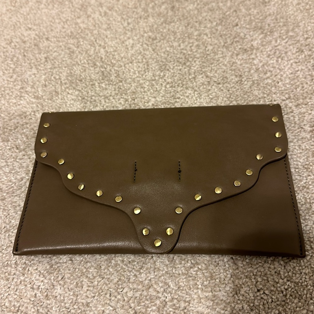 Taupe crutch with gold edges and card holder inside